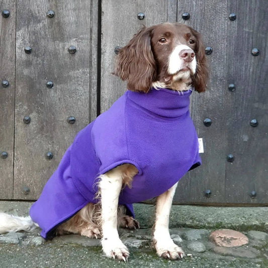 Front view of Ness Dog Drying Coat by Freckles Designs – microfibre lining, polar fleece outer, full coverage dog coat
