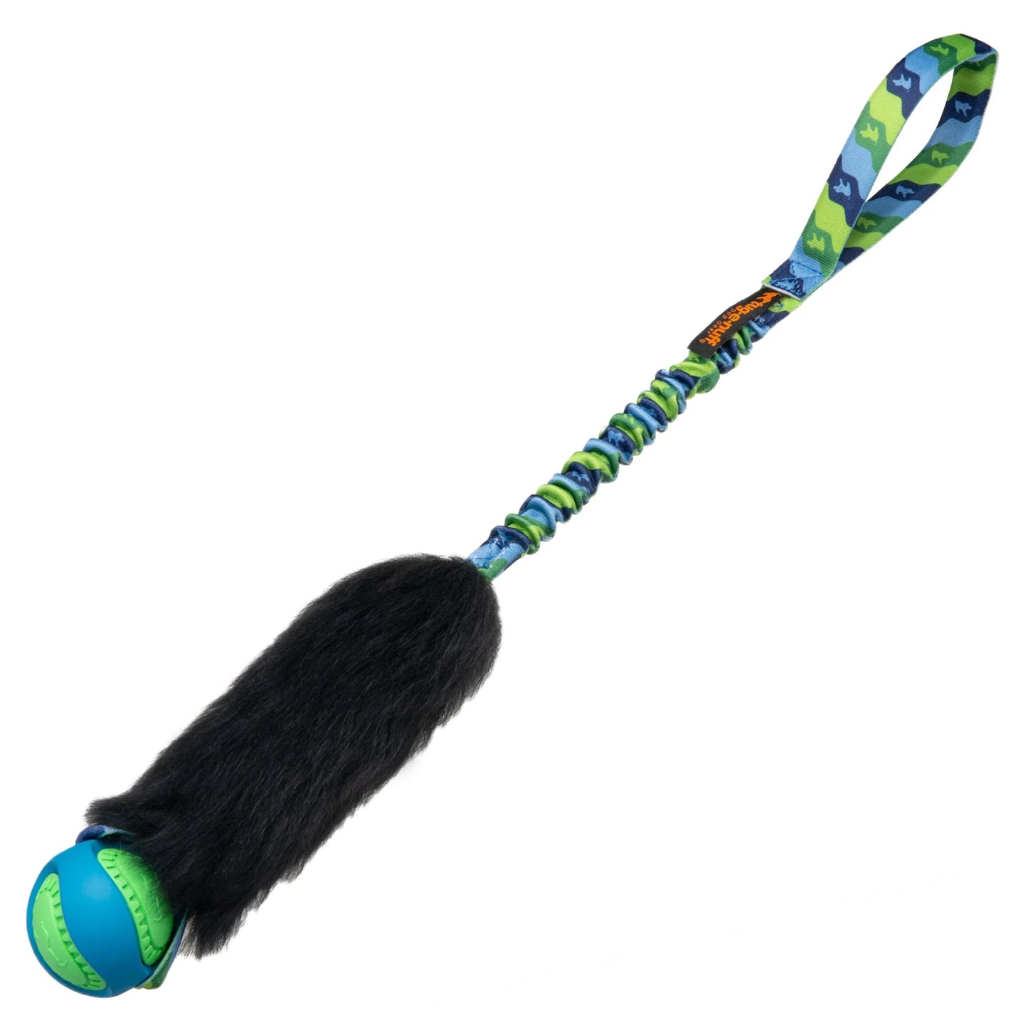 Side view of Tug-E-Nuff Wondabaa PowerBall Bungee – durable synthetic faux fur interactive dog toy