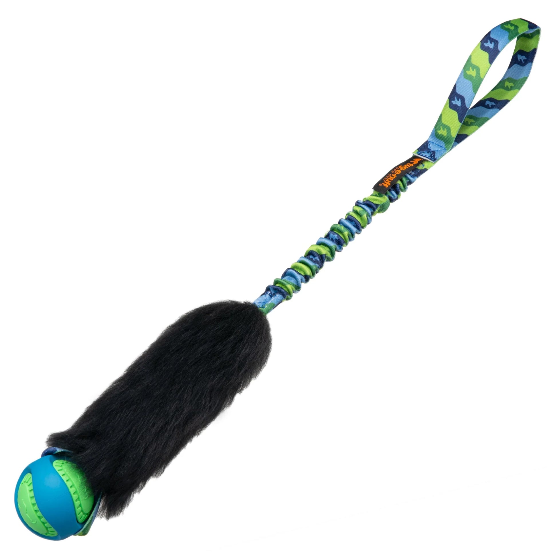 Side view of Tug-E-Nuff Wondabaa PowerBall Bungee – durable synthetic faux fur interactive dog toy