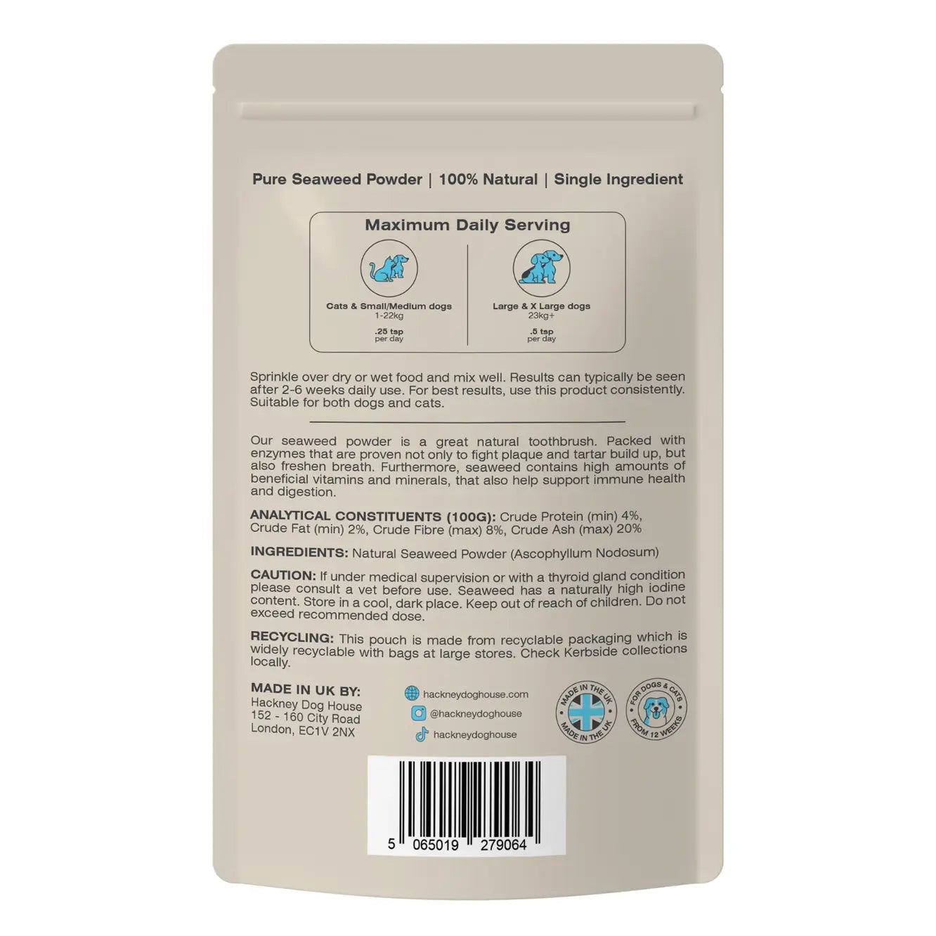 Packaging of Seaweed Plaque Powder for dog oral health