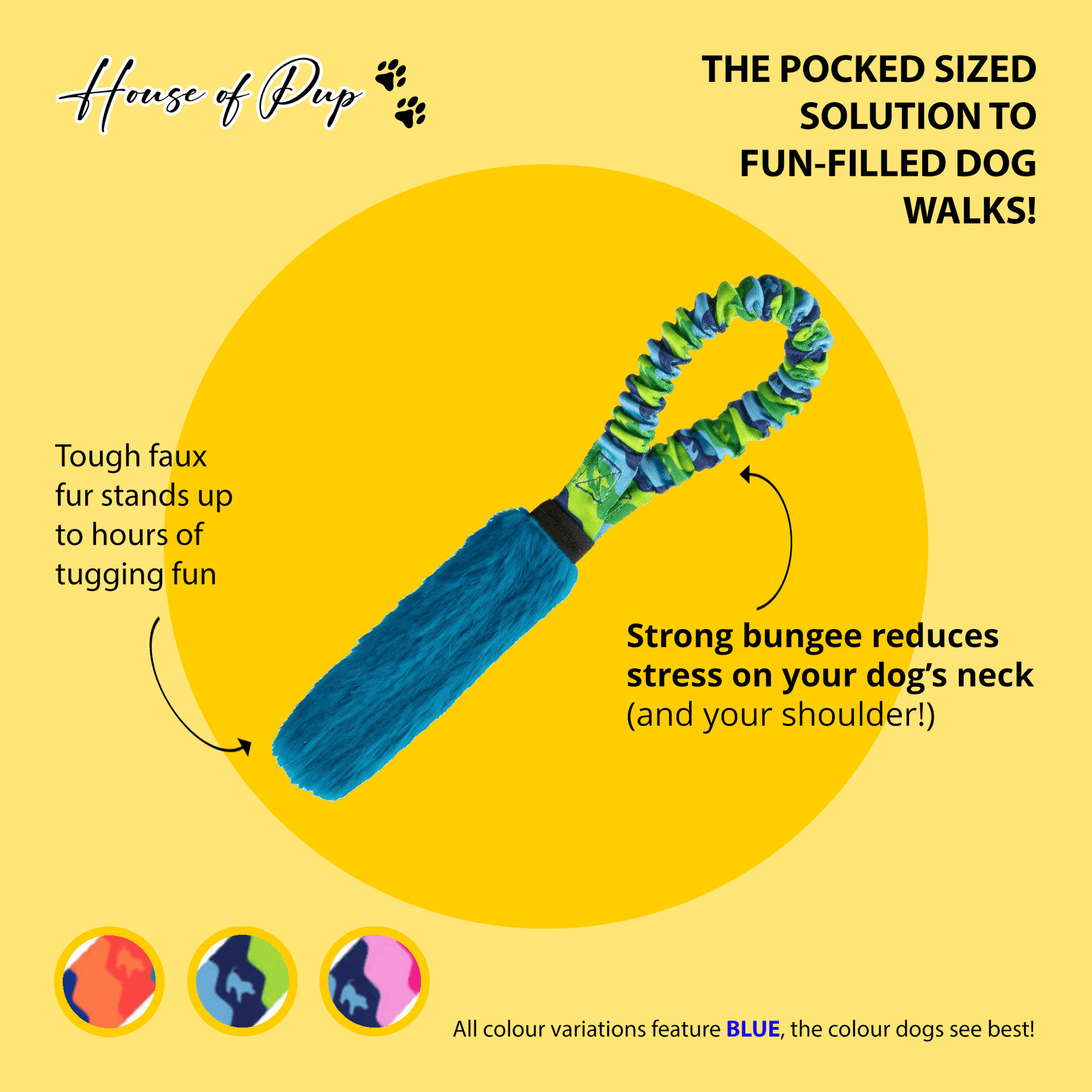 Infographic detailing Tug-E-Nuff dog toy features – durability, pocket-sized design, tactile stimulation, and mental enrichment benefits