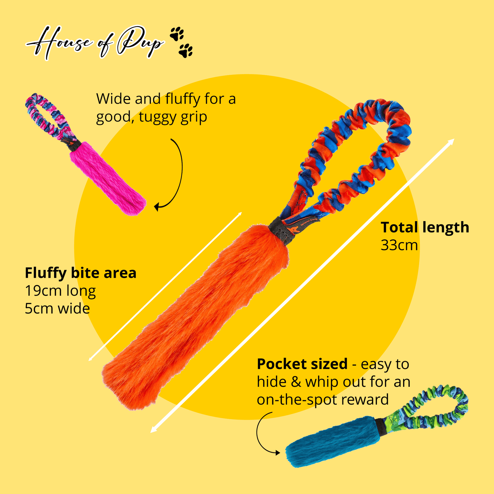 Infographic of Pocket Fauxtastic for dogs – tug and training