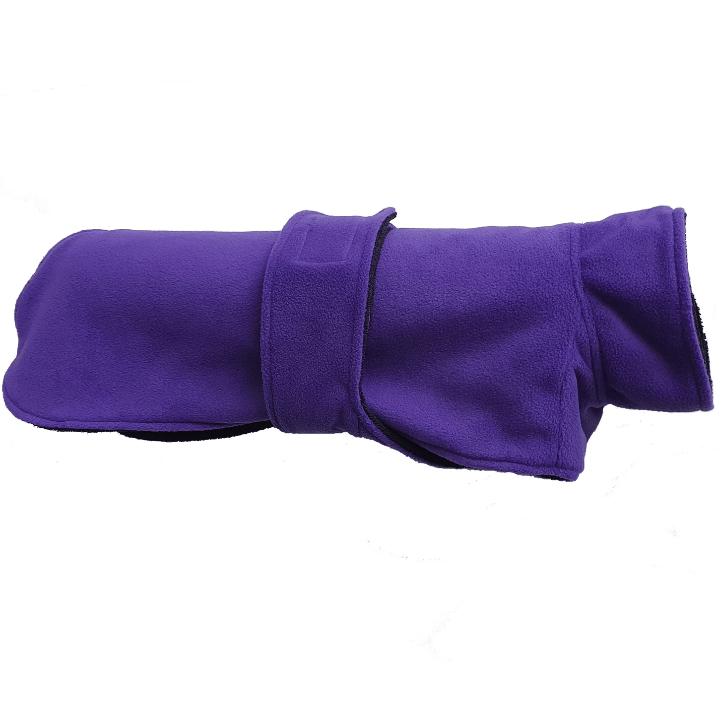 Side view of Ness Dog Drying Coat in purple – full chest and underbelly coverage with adjustable strap